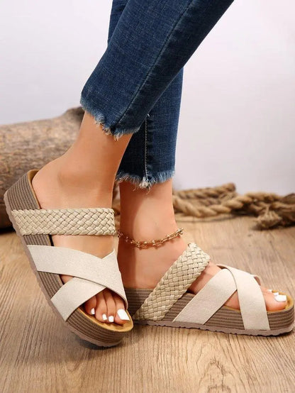 Woven Cross-strap Slippers Summer Platform Sandals Women Flat Beach Shoes - Little Addiction