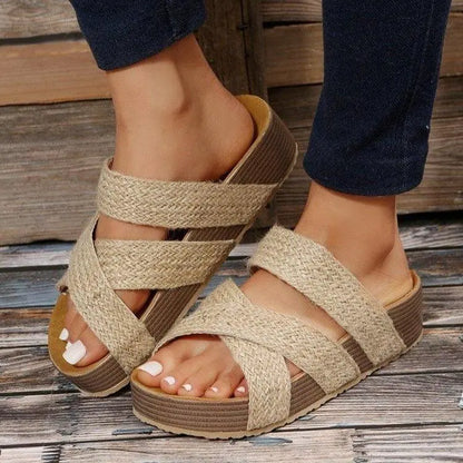 Woven Cross-strap Slippers Summer Platform Sandals Women Flat Beach Shoes - Little Addiction