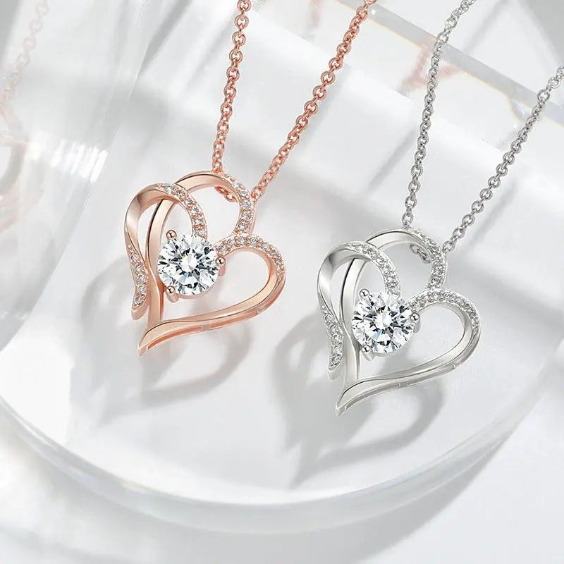 Zircon Double Love Necklace With Rhinestones Ins Personalized Heart-shaped Necklace Clavicle Chain Jewelry For Women Valentine's Day - Little Addiction