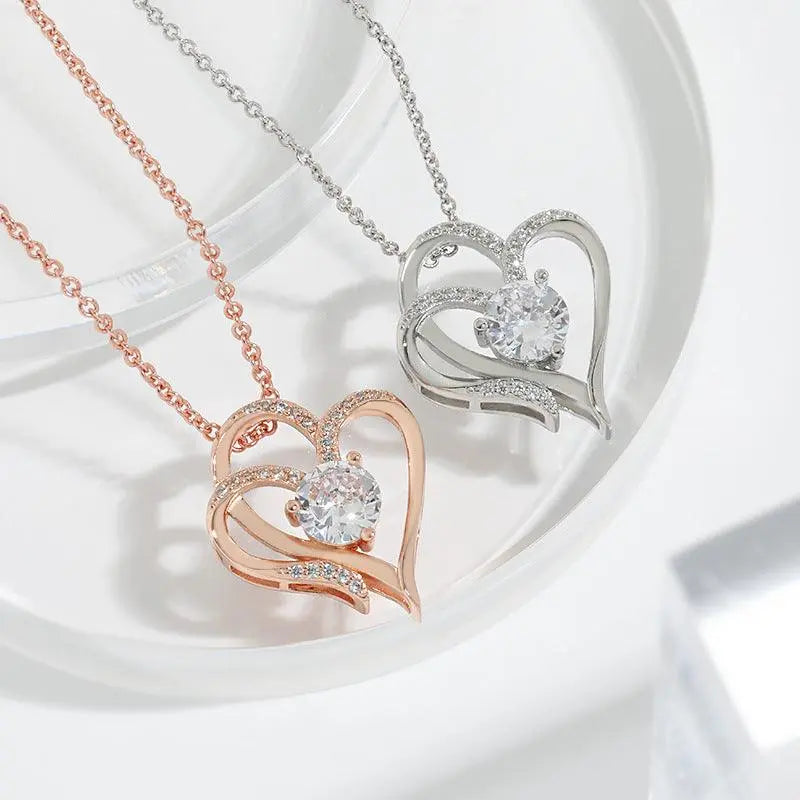 Zircon Double Love Necklace With Rhinestones Ins Personalized Heart-shaped Necklace Clavicle Chain Jewelry For Women Valentine's Day - Little Addiction